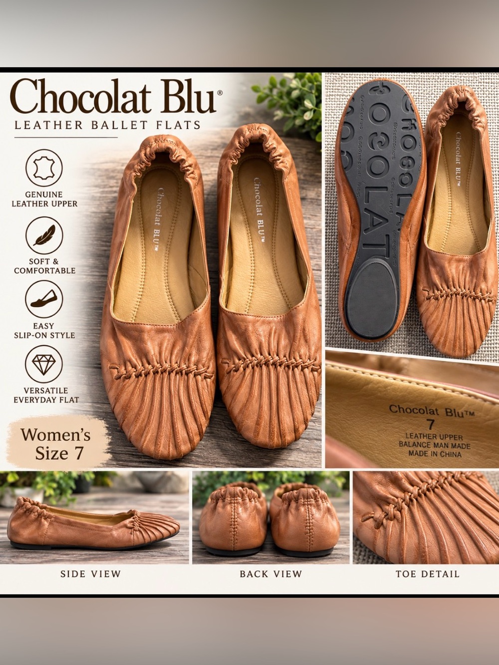 Chocolat Blu Women's Leather Ballet Flats in Cognac Brown Sz 7